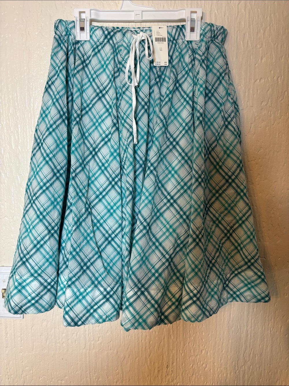 NWT Maeve Anthropologie Blue Plaid A-Line Cotton Midi Skirt Drawstring Waist
